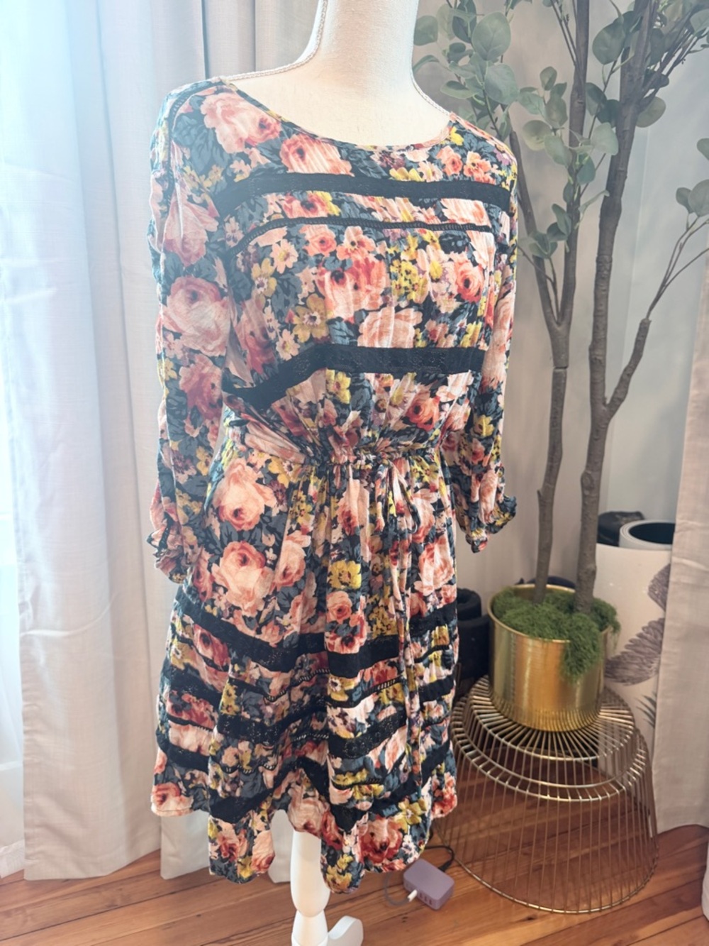 Anthropologie Holding Horses Floral Draw String Waist Mini Dress - Black/Pink XS